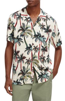 Scotch & Soda Trim Fit Short Sleeve Button-Up Camp Shirt in 5732-Offwhite Palmtr