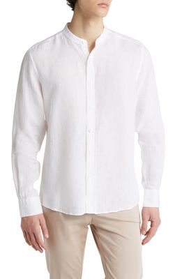 Scott Barber Linen Band Collar Button-Up Shirt in White
