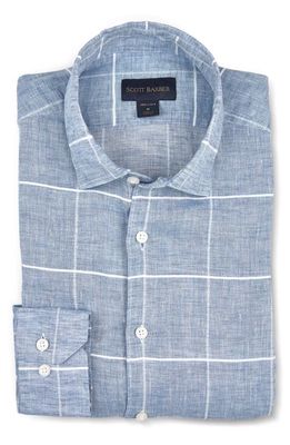 Scott Barber Plaid Linen Button-Up Shirt in Chambray