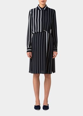 Screen Stripe-Print Blouson Overlayer Belted Silk Dress