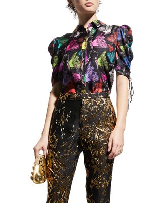 Scribble Butterfly-Print Adjustable Puff-Sleeve Silk Blouse