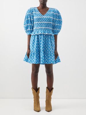 Sea - Annika Floral-print Gathered Cotton-lawn Dress - Womens - Blue