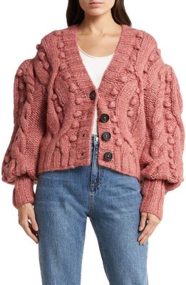 Sea Caden Puff Sleeve Cable Wool Cardigan in Rose