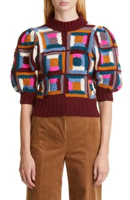 Sea Camryn Puff Sleeve Crochet Wool Sweater in Multi