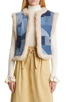 Sea Diego Faux Shearling Lined Denim Patchwork Vest in Multi