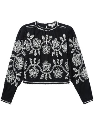 Sea floral-embroidery long-sleeve blouse - Black