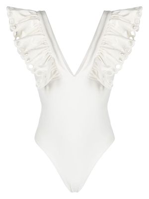 Sea frilled-detail V-neck swimsuit - White
