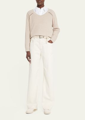 Sea Island Ribbed Knit Sweater with Monili Detail