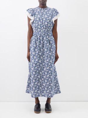 Sea - Josefine Floral-print Flutter-sleeve Dress - Womens - Blue Print