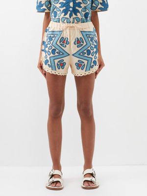 Sea - Kaia Kaleidoscope-appliqué Cotton-blend Shorts - Womens - White Blue