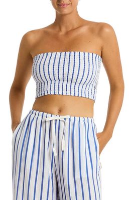 Sea Level Amalfi Beach Bandeau Cotton Cover-Up Crop Top in Blue