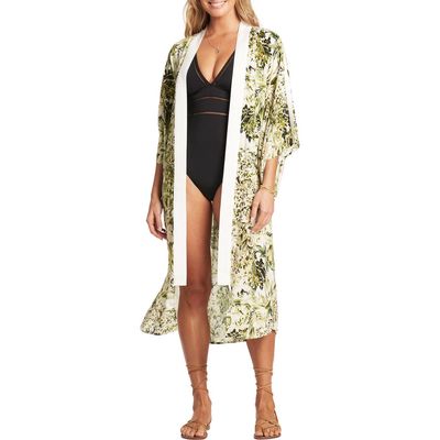 Sea Level Floral Open Front Belted Cover-Up in White