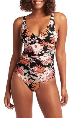 Sea Level Floral Print Crossfront One-Piece Swimsuit in Black