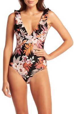 Sea Level Floral Print Ruffle One-Piece Swimsuit in Black