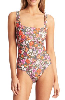 Sea Level Floral Square Neck One-Piece Swimsuit in Khaki