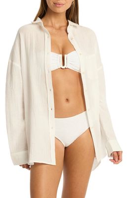 Sea Level Sunset Beach Oversize Cotton Cover-Up Shirt in White