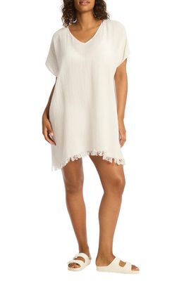 Sea Level Sunset Fringe Cotton Cover-Up Caftan in White