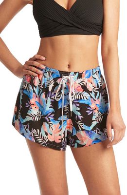 Sea Level Surf Floral Print Woven Cover-Up Shorts in Black