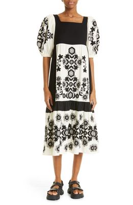 Sea Manuela Embroidered Puff Sleeve Cotton & Linen Dress in Cream