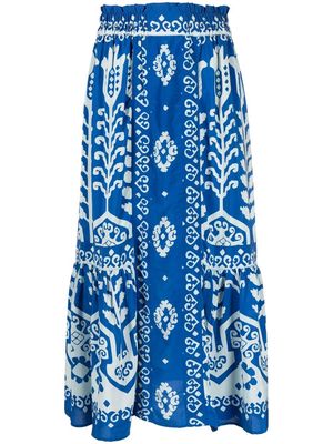 Sea patterned high-waisted silk midi skirt - Blue