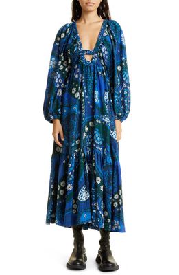 Sea Patty Floral Long Sleeve Silk Dress in Navy