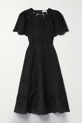 Sea - Scalloped Broderie Anglaise Cotton And Linen-blend Midi Dress - Black