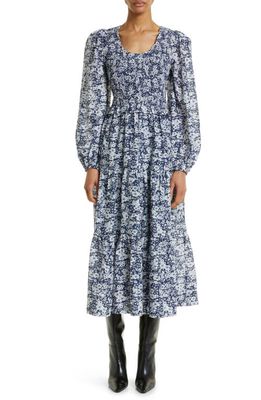 Sea Suzie Smocked Floral Print Long Sleeve Cotton Midi Dress in Blue Multi