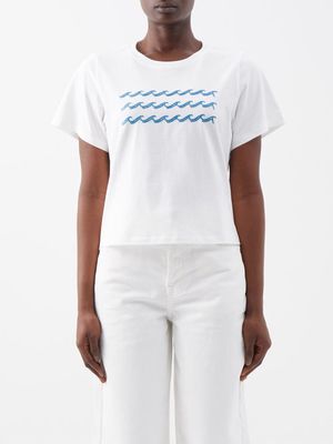 Sea - Winn Wave-embroidered Cotton-jersey T-shirt - Womens - White Blue