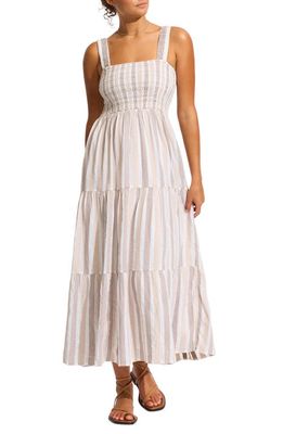 Seafolly Beach Edit Embroidered Tiered Smocked Cotton Cover-Up Maxi Dress in Natural