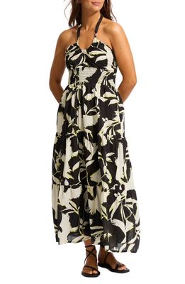 Seafolly Birds of Paradise Halter Tiered Cotton Cover-Up Maxi Dress in Black