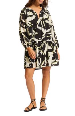 Seafolly Birds of Paradise Tiered Long Sleeve Cotton Cover-Up Dress in Black