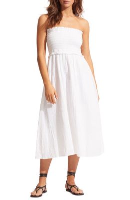 Seafolly Caspian Smocked Strapless Cotton Cover-Up Dress in White