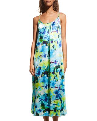 Seascape Abstract-Print Silk Nightgown