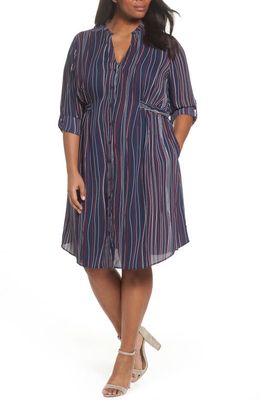 Sejour Split Neck Dress in Navy Linear Waves Print