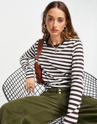 Selected Femme cotton long sleeved T-shirt in chocolate stripe - BROWN