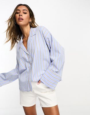 Selected Femme cropped wide sleeve shirt in blue stripe