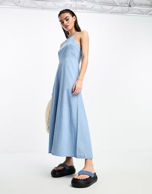 Selected Femme halterneck denim maxi dress in blue