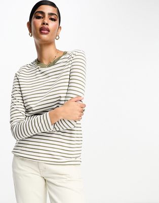 Selected Femme long sleeve T-shirt in khaki stripe-Multi