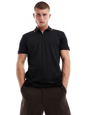 Selected Homme 3/4 zip polo in black