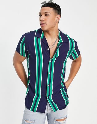 Selected Homme camp collar shirt in navy and green vertical stripes