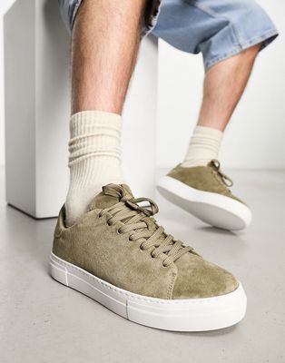 Selected Homme chunky faux suede sneakers in khaki-Green