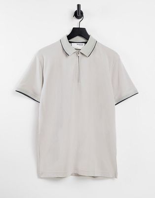Selected Homme cotton blend 1/4 zip polo with tipping in beige - BEIGE-Neutral