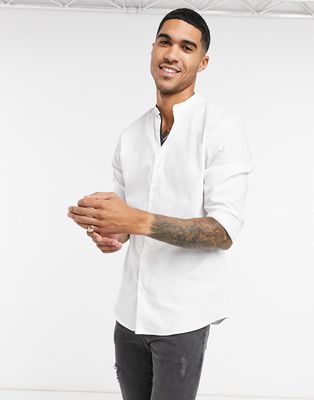 Selected Homme cotton blend band collar shirt in white - WHITE