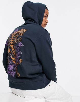 Selected Homme cotton blend oversized hoodie with tiger back print in navy - BLACK