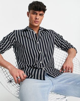 Selected Homme cotton blend shirt in revere collar with stripes in navy - NAVY