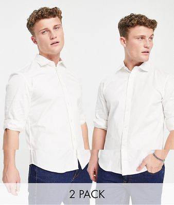 Selected Homme cotton blend slim fit 2 pack shirts in white - WHITE