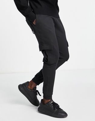 Selected Homme cotton blend slim fit jersey cargo sweatpants in black - BLACK