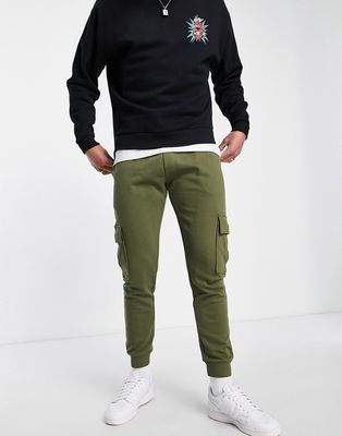 Selected Homme cotton blend slim fit jersey cargo sweatpants in khaki green - KHAKI