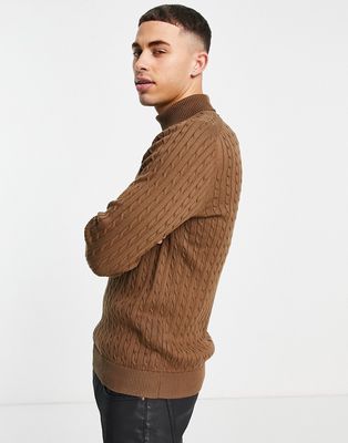 Selected Homme cotton cable roll neck jumper in tan - TAN-Brown