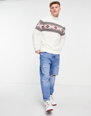 Selected Homme cotton Christmas jumper with high neck cream - CREAM-White